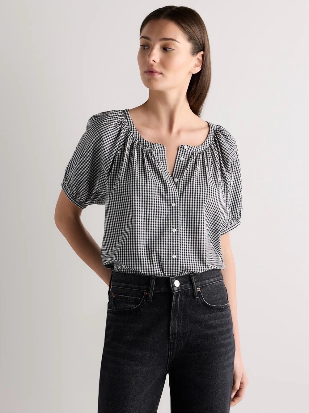 NWT Quince SOLD OUT Gingham Cotton Viscose Voile Raglan Short Sleeve Top